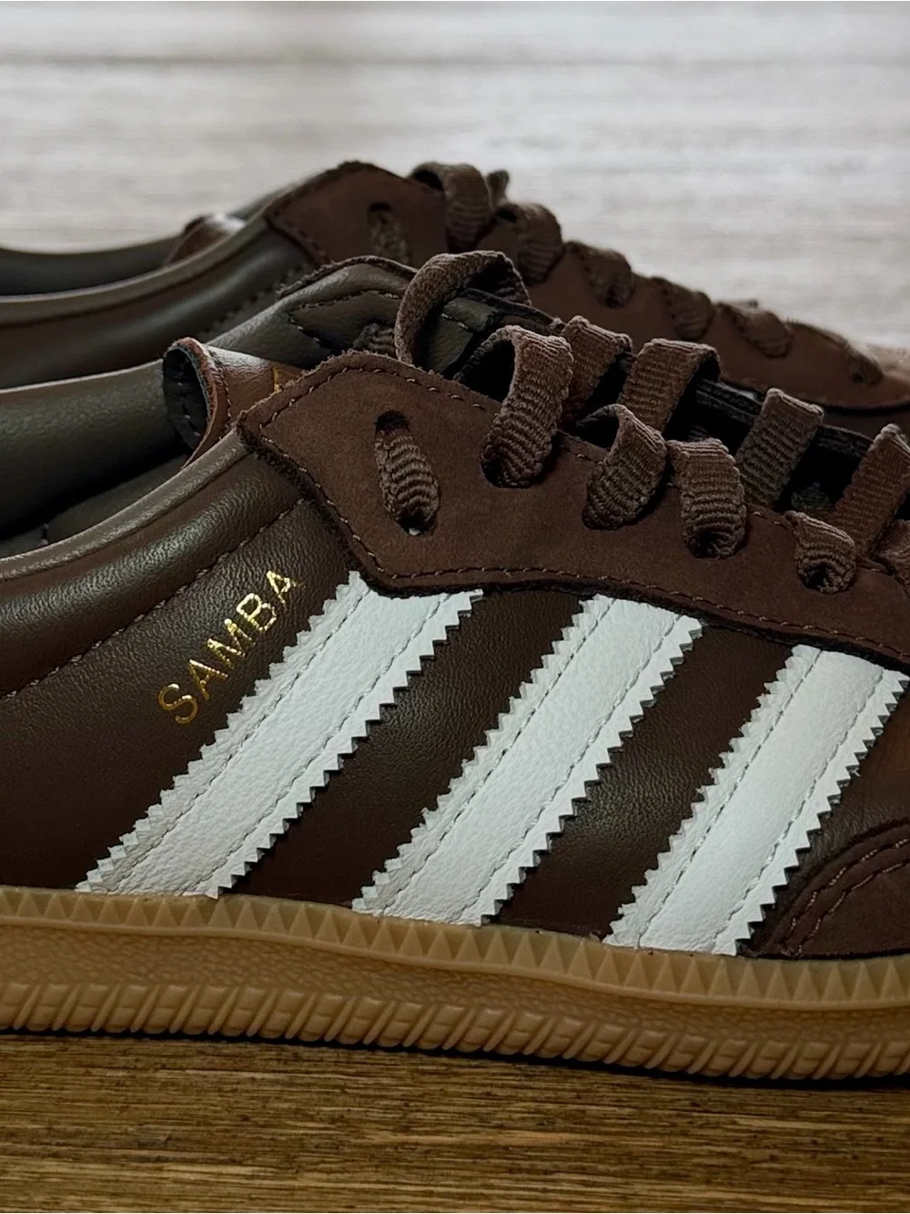 adidas Samba Brown Leather Sneaker with White Stripes and Gum Sole - Picture 3 of 7